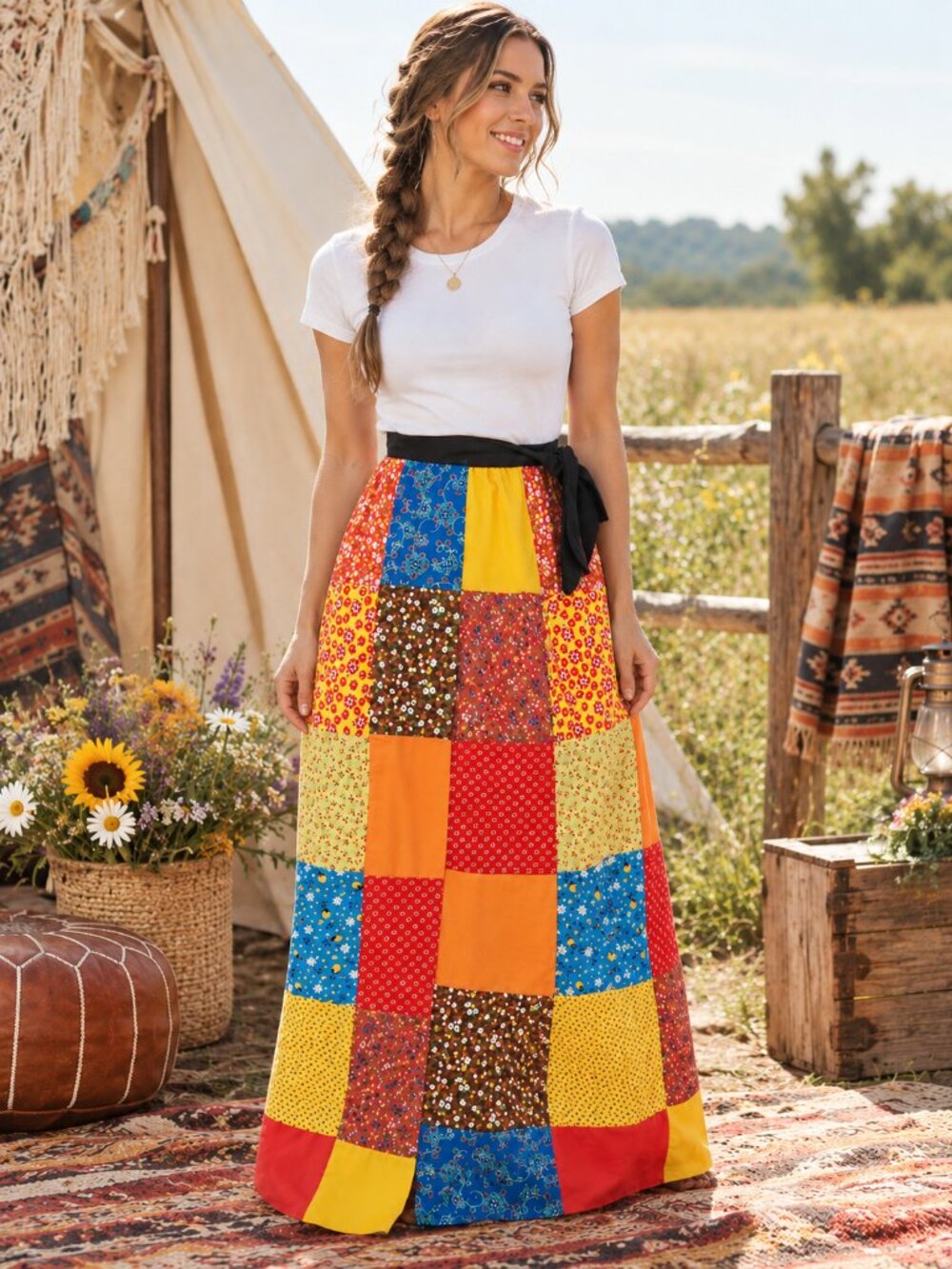 Vintage Patchwork Wrap Skirt Handmade Colorful Festival Boho Cotton Ditzy Floral